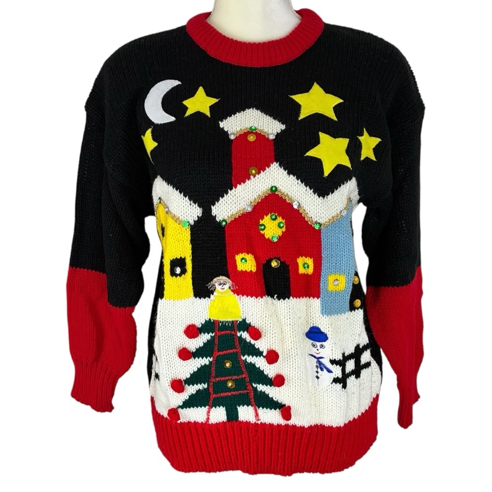 Vintage Ugly Christmas Sweater Womens L Large Black Red Knit Village Adell Barre
